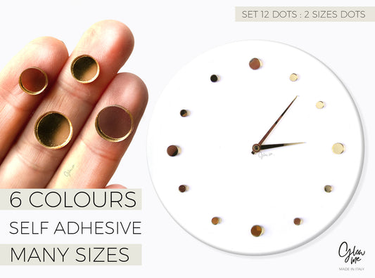 MOD ROUNDA12 - 12 ELEMENTI  TONDI PER REALIZZAZIONE DI OROLOGI - AUTOADESIVO - 6 COLORI SPECCHIATI, MOLTE MISURE A SCELTA