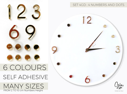 MOD 4GRD - SET DI 4 NUMERI IN ACRILICO E 8 ELEMENTI  ROTONDI PER REALIZZAZIONE DI OROLOGI - AUTOADESIVO - 6 COLORI SPECCHIATI, MOLTE MISURE DISPONIBILI