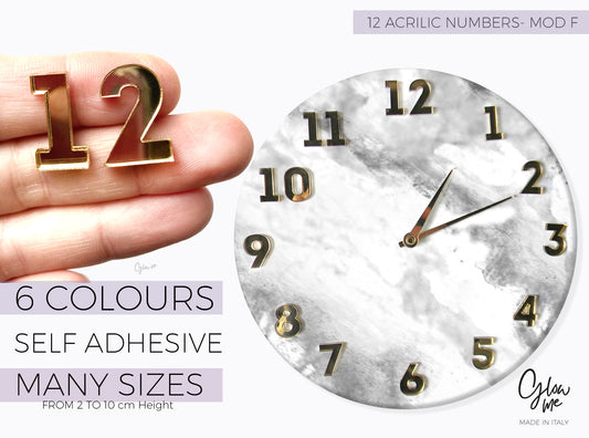 MOD F - SET DI 12 NUMERI IN ACRILICO PER LA REALIZZAZIONE DI OROLOGI - AUTOADESIVO - 6 COLORI SPECCHIATI E MOLTE MISURE DISPONIBILI