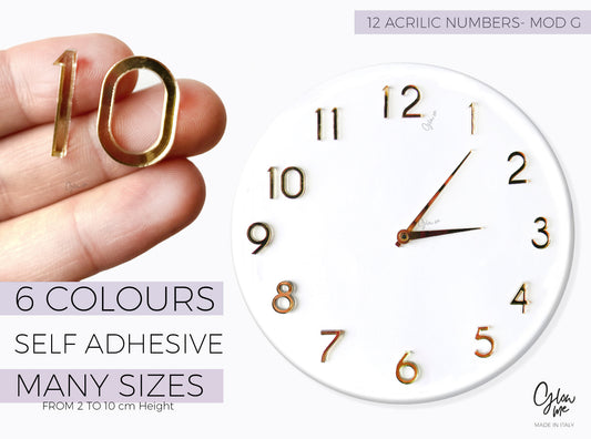 MOD G - SET DI 12 NUMERI IN ACRILICO PER REALIZZAZIONE DI OROLOGI - AUTOADESIVO - 6 COLORI SPECCHIATI E MOLTE FORMATI  DISPONIBILI