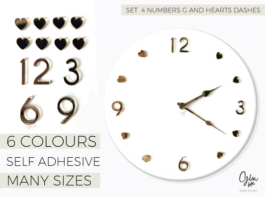 MOD 4GHD- SET DI 4 NUMERI IN ACRILICO E 8 ELEMENTI A  CUORE  PER LA REALIZZAZIONE DI OROLOGI - AUTOADESIVO - 6 COLORI SPECCHIATI, MOLTE MISURE DISPONIBILI