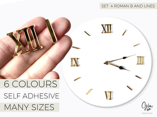 SET DI 4 NUMERI ROMANI  ED 8 TRATTINI IN PLEXIGLASS PER LA REALIZZAZIONE DI OROLOGI - AUTOADESIVO - 6 COLORI SPECCHIATI - MISURE A SCELTA -  MOD ROMANB-LD