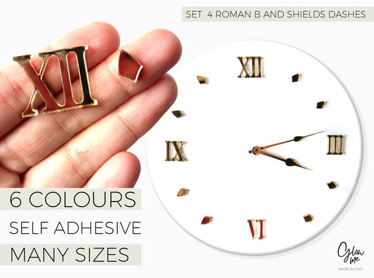 MOD 4BSHD- SET DI 4 NUMERI ROMANI IN ACRILICO E 8 TRATTINI A SCUDO PER REALIZZAZIONE DI OROLOGI - AUTOADESIVO - 6 COLORI SPECCHIATI, MOLTE MISURE MISURE DISPONIBILI